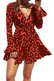 V Neck Long Sleeve Leopard Print Mini Dress Tangerine