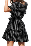 Ruffle Polka Dot V Neck Button Front Dress Black