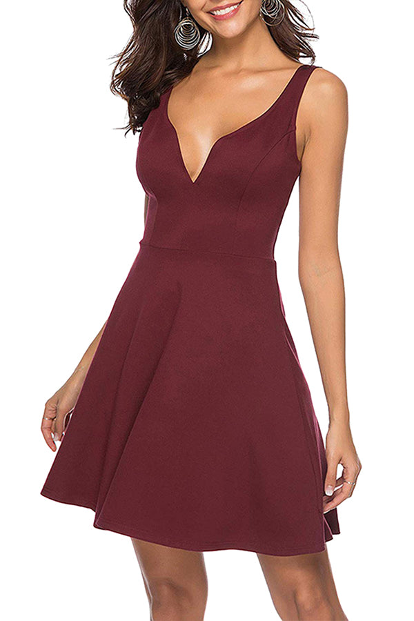 Solid Notched Neck Sleeveless Mini Dress Ruby