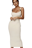 Ribbed Knit Scoop Neck Bodycon Maxi Dress White