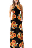 Sleeveless Pocket Pleated Floral Print Maxi Dress Orange