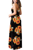 Sleeveless Pocket Pleated Floral Print Maxi Dress Orange