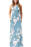 Pocket Floral Print Pleated Sleeveless Maxi Dress Light Blue