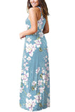 Pocket Floral Print Pleated Sleeveless Maxi Dress Light Blue