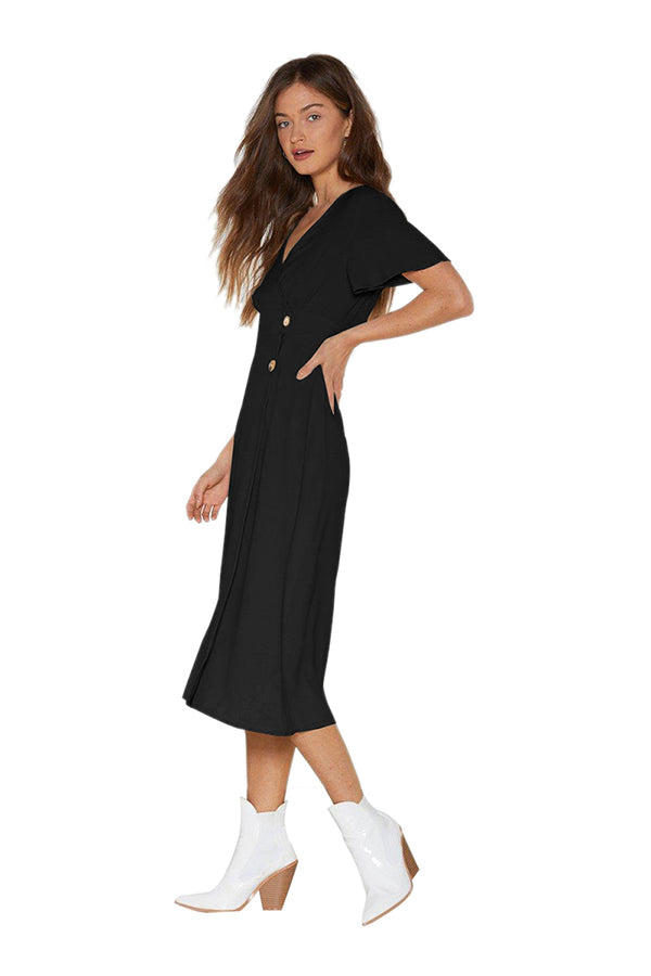 V Neck Short Sleeve Plain Midi Dress Black