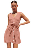 Sleeveless V Neck Button Mini Dress With Tie Pink