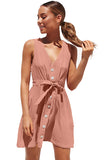 Sleeveless V Neck Button Mini Dress With Tie Pink