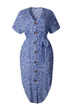 Button Down V Neck Short Sleeve Floral Midi Dress Blue