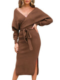 Women's Deep V Wrap Bodycon Sweater Dress Backless Tie Waist Midi Dress