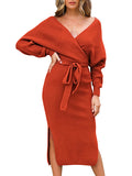 Women's Deep V Wrap Bodycon Sweater Dress Backless Tie Waist Midi Dress
