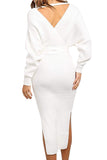 Long Sleeve V Neck Plain Bodycon Dress With Slit White