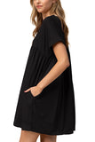 V Neck Short Sleeve Babydoll Dress With Pocket Black