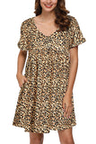 Short Sleeve V Neck Leopard Print Babydoll Dress Brown