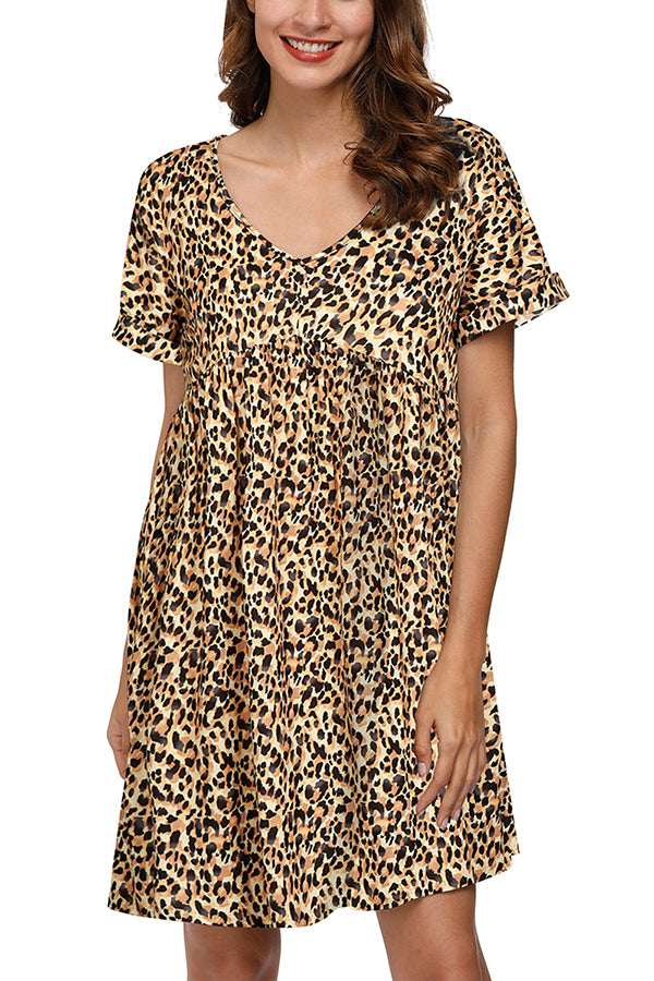 Short Sleeve V Neck Leopard Print Babydoll Dress Brown