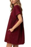 Short Sleeve Plain Pocket Babydoll Mini Dress Ruby