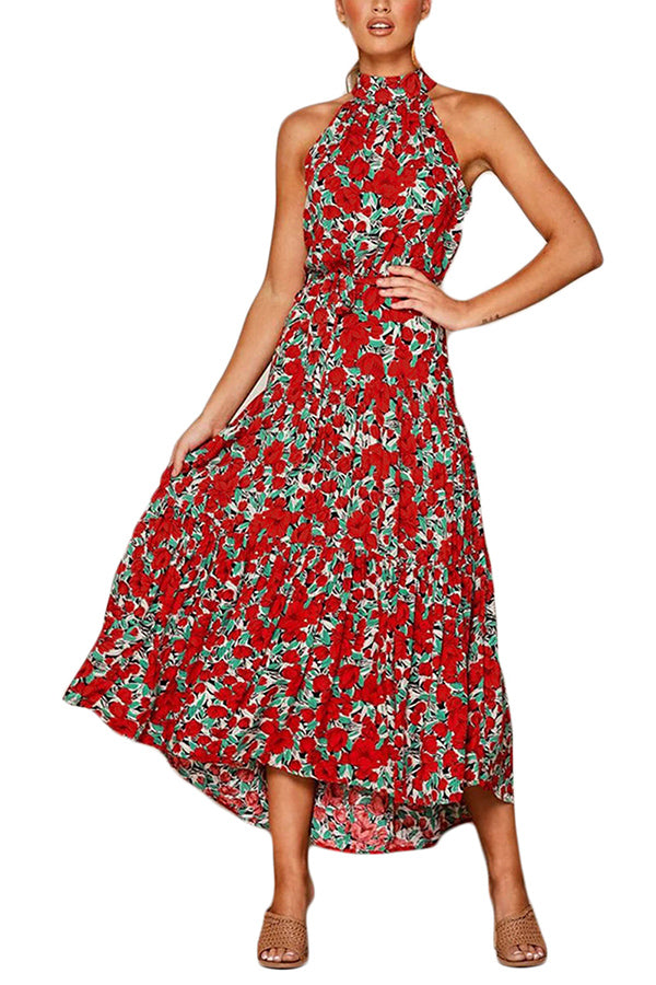 Floral Print Halter Maxi Dress With Belt Ruby