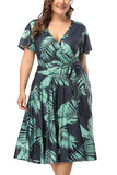 Plus Size V Neck Tropical Print Dress With Belt Green