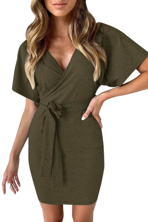 Short Sleeve Plain Wrap Mini Dress With Belt Green
