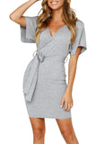 Wrap Plain Bodycon Mini Dress With Belt Gray