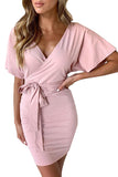 Short Sleeve Faux Wrap Plain Bodycon Mini Dress Pink