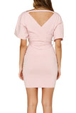 Short Sleeve Faux Wrap Plain Bodycon Mini Dress Pink