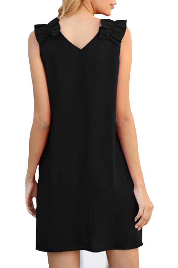 Casual Ruffle Plain V Neck Mini Dress Black