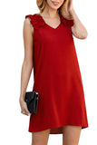 Ruffle Straps V Neck Plain Mini Dress Red