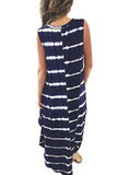 Sleeveless V Neck Tie Dye Maxi Dress With Pocket Blue
