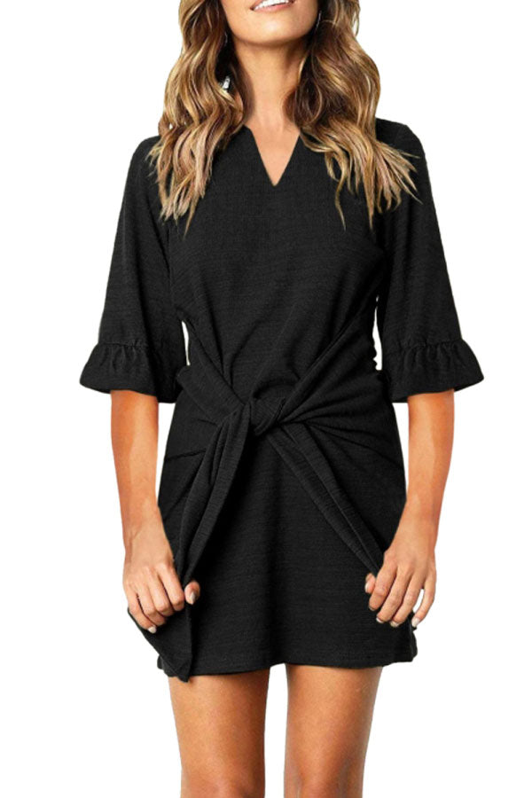 Solid V Neck Ruffle Sleeve Mini Dress With Tie Black