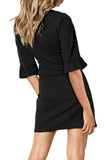 Solid V Neck Ruffle Sleeve Mini Dress With Tie Black