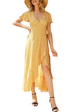 Women's V Neck Short Sleeve Ruffle Floral Print Maxi Dress Yellow
