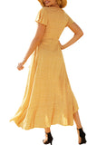 Women's V Neck Short Sleeve Ruffle Floral Print Maxi Dress Yellow