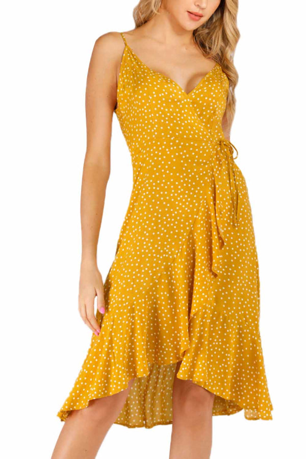 Women's Wrap Polka Dot Print Ruffle Midi Dress Yellow