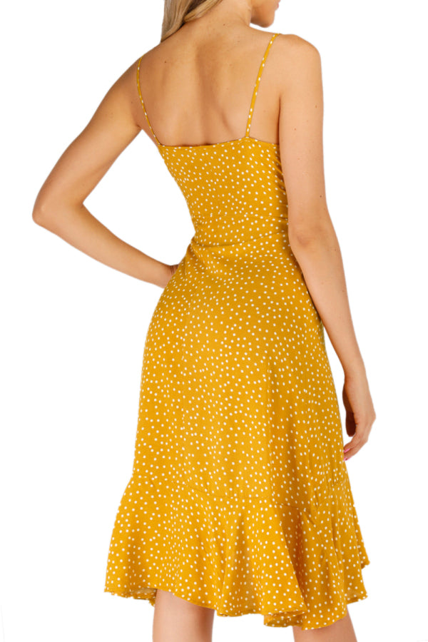Women's Wrap Polka Dot Print Ruffle Midi Dress Yellow