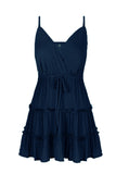 Floral Print Ruffle V Neck Belt Cami Mini Dress Navy Blue