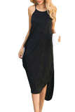 Women's Sleeveless High Neck Plain Split Midi Dress Black