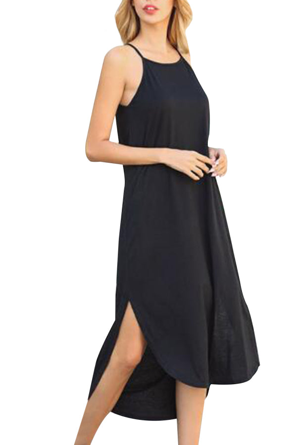 Women's Sleeveless High Neck Plain Split Midi Dress Black
