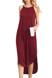 Women's Solid High Neck Curve Hem Sleeveless Midi Dress Ruby