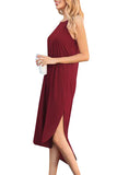 Women's Solid High Neck Curve Hem Sleeveless Midi Dress Ruby