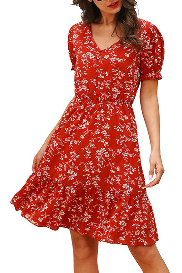 Floral Print Ruffle V Neck Short Sleeve Button Front Mini Dress Red