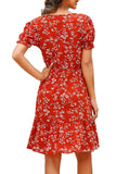 Floral Print Ruffle V Neck Short Sleeve Button Front Mini Dress Red
