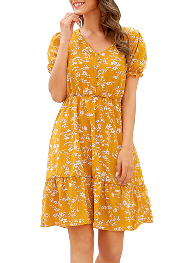 V Neck Ruffle Floral Print Short Sleeve Button Mini Dress Yellow