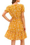 V Neck Ruffle Floral Print Short Sleeve Button Mini Dress Yellow