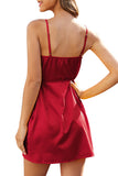 Women's Sleeveless Plain V Neck Mini Dress With Tie Red