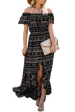 Ruffle Pleated Off Shoulder Print Slit Maxi Dress Black
