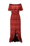 Off Shoulder Print Ruffle High Low Maxi Dress Ruby