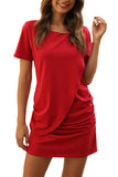 Crew Neck Short Sleeve Plain Ruched Mini Dress Red