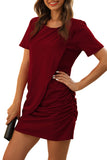 Solid Short Sleeve Crew Neck Ruched Mini Dress Ruby