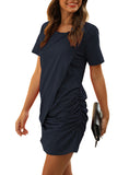 Short Sleeve Ruched Crew Neck Solid Mini Dress Navy Blue