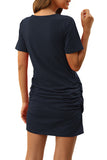 Short Sleeve Ruched Crew Neck Solid Mini Dress Navy Blue
